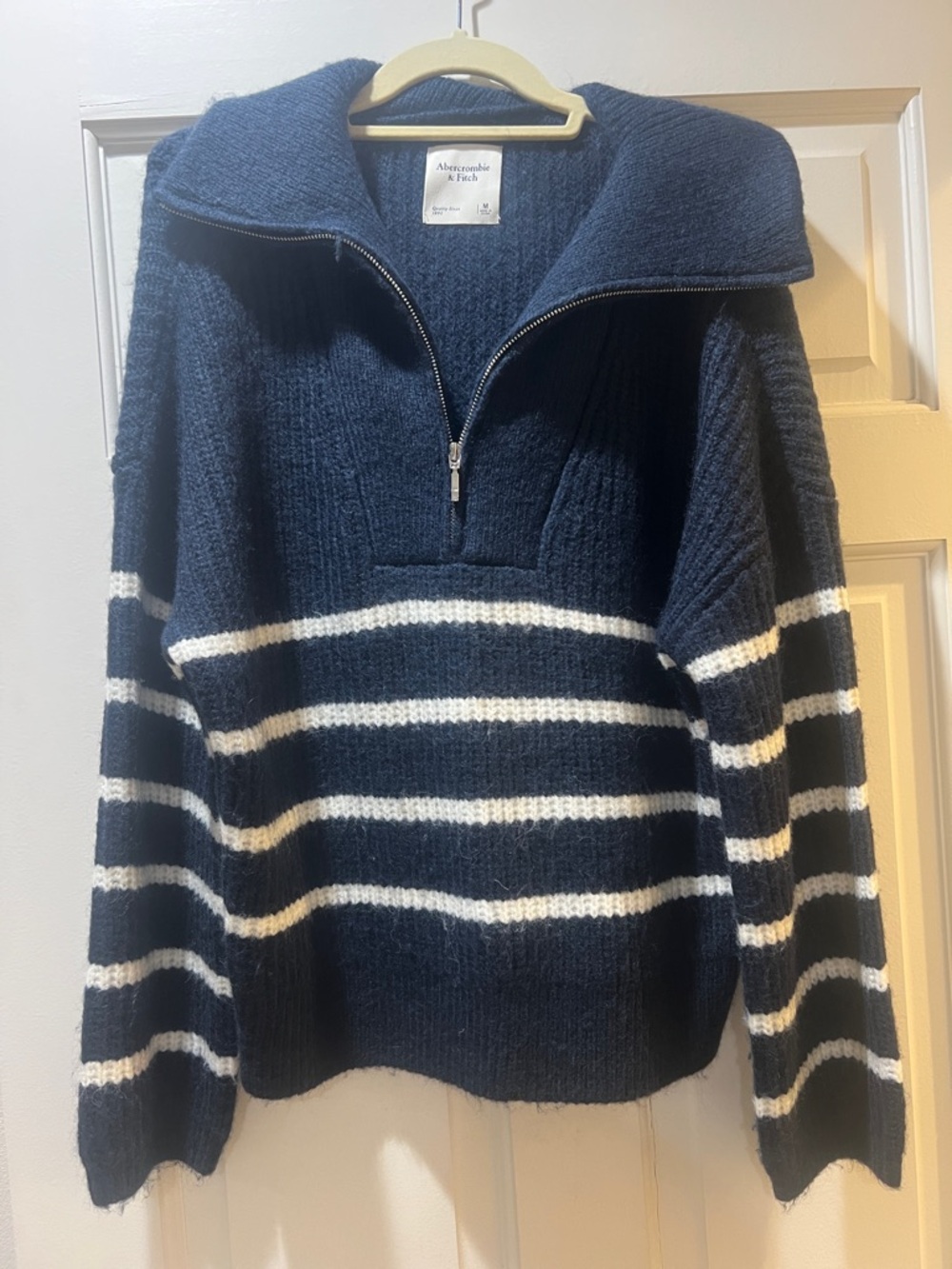 Abercrombie & Fitch Navy and White Striped Half-Zip Sweater